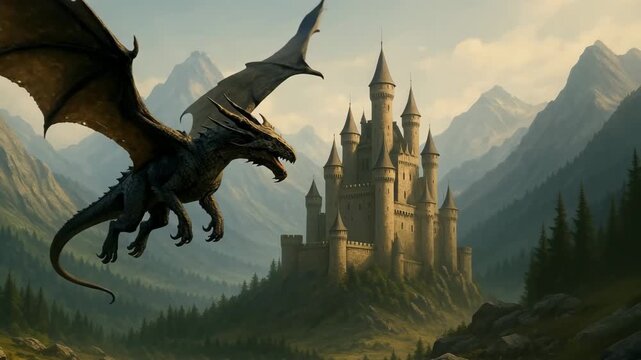 Epic fantasy dragon flying toward towering medieval castle in mountain valley, cinematic mythical landscape with dramatic light.
