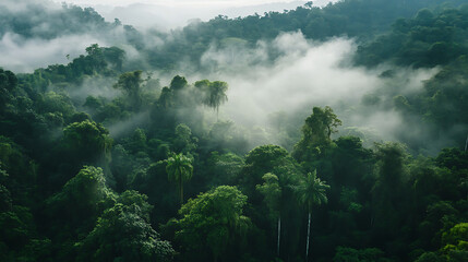 Aerial View of Lush Tropical Rainforest Covered in Morning Mist, Nature's Beauty