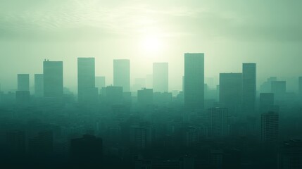 Fototapeta premium Misty City Skyline Sunrise - Aerial View Stock Photo