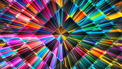 Geometric diamond prism pattern with radiating spectrum lines. Light passes through structured fractal glass and refracted into many colors. Beams extend from the middle combines geometry and clarity