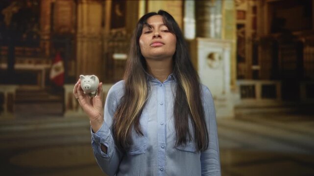 Young latina woman holding a white piggybank and looking down in an ornate church interior with raised hand; money concern.
