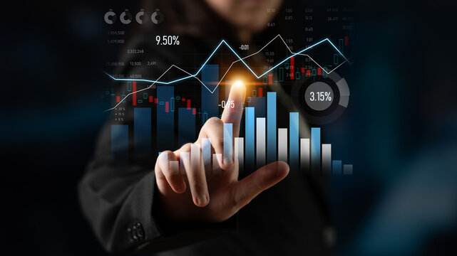 A business professional interacts with a digital interface displaying financial graphs, showcasing analysis and trends, ideal for finance and analytics themes. Scalp - Powered by Adobe
