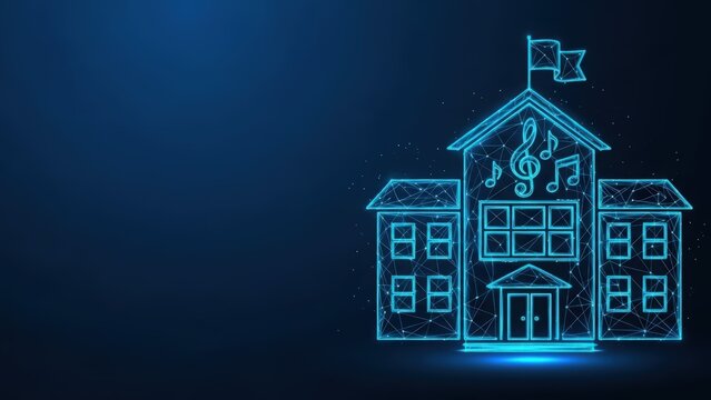 A digital blue wireframe representation of a school building adorned with musical notes and symbols on a dark blue background