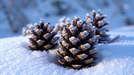 Close up of frosted pine cones in a snowy environment with soft lighting - Powered by Adobe