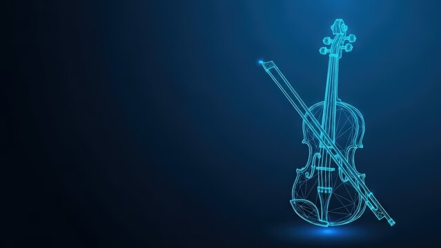 Blue wireframe violin and bow on dark background with glowing effect