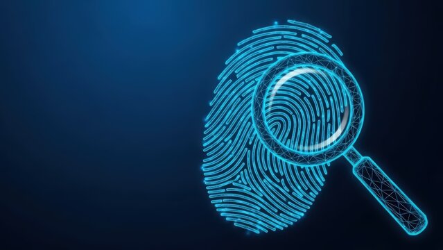 Close up of a glowing blue digital fingerprint being analyzed with a magnifying glass representing security and identity verification technology