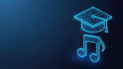 Digital graduation cap and musical note glowing in abstract blue network