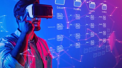 A person wearing a virtual reality headset engages with futuristic data processing visuals, highlighting the intersection of technology and immersive digital experiences. Raster