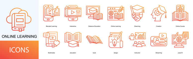 Online Learning icon collection set. Containing Elearning, Creation, Online Course, Multimedia, education icon.