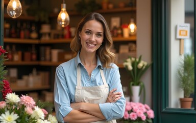 Flower shop owner in storefront. High quality