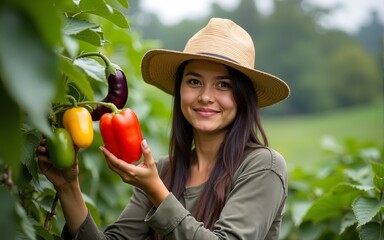 Young female farmer harvests peppers and eggplants. High quality
