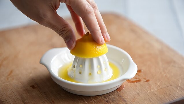 Fresh lemon juice extraction using a citrus juicer at home - Powered by Adobe