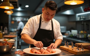 Chinese chef prepares fish in a restaurant kitchen. High quality