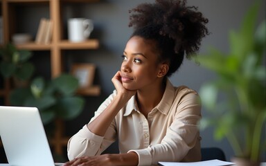 Black female employee sitting at work and thinking. High quality