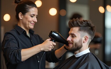 Barber with client using hair dryer in salon. High quality