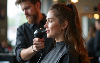 Barber with client using hair dryer in salon. High quality