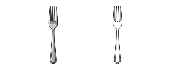 Classic metal dinner fork with four tines, for eating and serving food, shown in shiny gray and black outline style