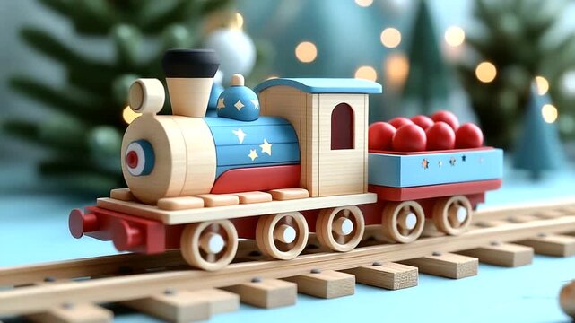 Colorful wooden toy train on festive background scene