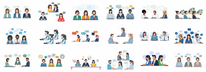 Fototapeta premium Diverse Customer Support Agents with Headsets and Chat Bubbles. Vector collection of call center and technical help desk workers communicating.