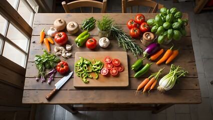 Fresh vegetables and herbs on a rustic wooden table prepared for cooking