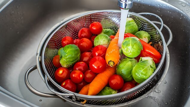 Fresh vegetables being washed in a metal colander in the sink
