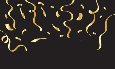  gold  party streamers on dark background. Shiny metallic  gold s streamers hanging from the top against a black background, perfect for celebration designs, party invitations, and festive graphics.

