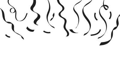 Black party streamers on white background. Shiny metallic black streamers hanging from the top against a white background, perfect for celebration designs, party invitations, and festive graphics.

