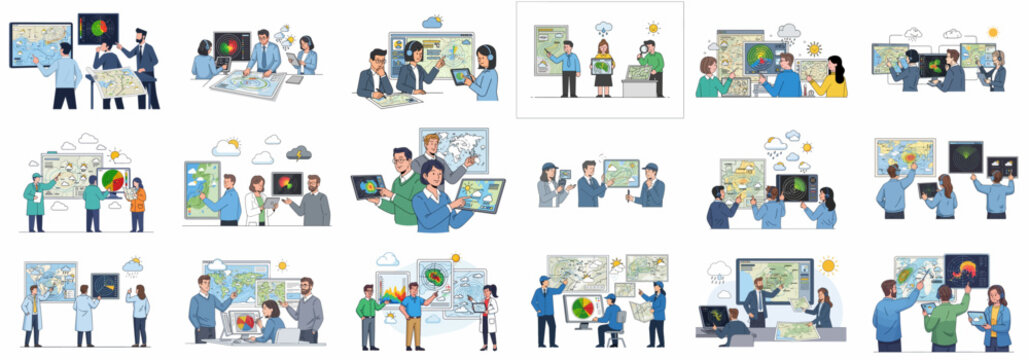 Meteorologists and weather forecasters collaborating in the control room, analyzing maps, Doppler radar screens, and complex climate data illustrations.