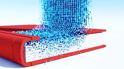 A red book partially ripped open revealing binary code pouring out, representing data or information - Powered by Adobe