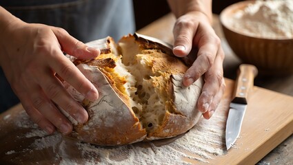 Freshly baked sourdough bread being broken apart by artisan baker