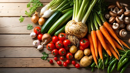 Freshly Harvested Vegetables on a Rustic Wooden Tabletop Arrangement