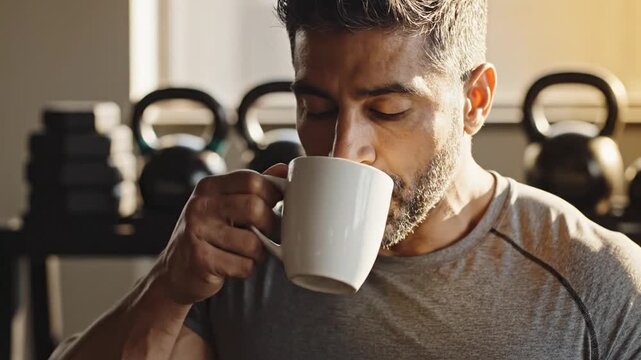 Athletic Man Savoring a Steaming Hot Coffee in a Sunlit Home Gym After a Workout