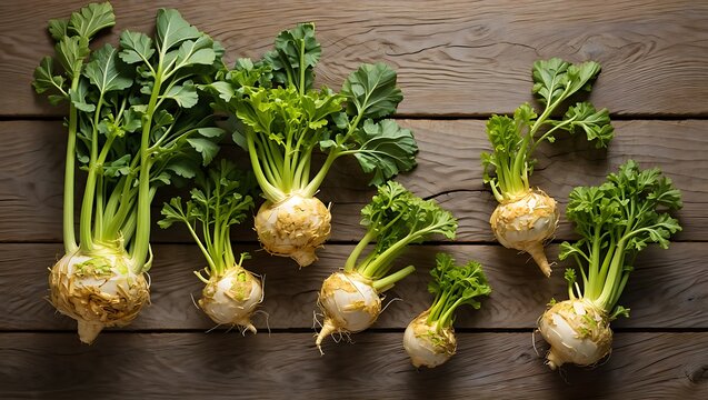 Freshly harvested celeriac vegetables on wooden surface a nutritious food