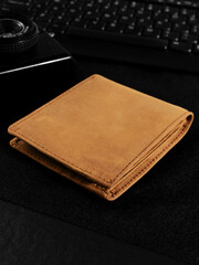 Light brown leather wallet with black background and keyboard