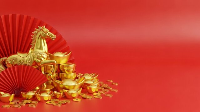 Golden Horse Lunar New Year Wealth Blessing Gold Ingots Red Fan Background Decoration