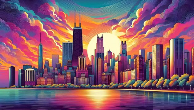 Sunset Illustration Drawing, Chicago City Urban Cityscape Skyscrapers Tall Skyline Buildings & Towers by Day. Lake Michigan & Downtown, Illinois USA. Lincoln Park Observatory River Essence Jazz Blue