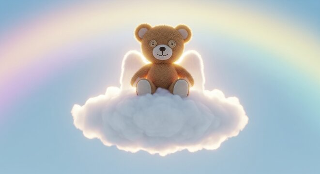Angel Teddy Bear with Button Eyes Sitting on a Cloud in a Rainbow Sky
