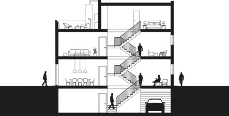 Architectural cross-section of a multi-story residential building or apartment structure with interior furniture and people, illustrating property blueprint and 