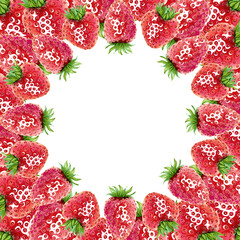 A square frame of juicy strawberries. A red summer berry wreath. Hand drawn watercolor illustration. Copy space template for design cosmetics, fruit snacks, marmalade, candies, chewing gum, menu