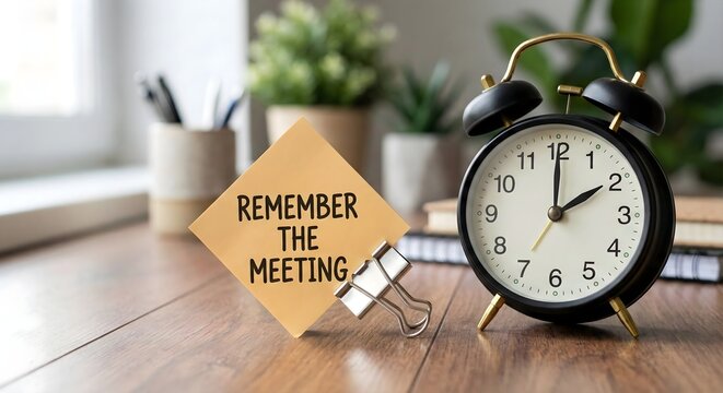 Remember the Meeting Note with Alarm Clock on Wooden Table in Home Office