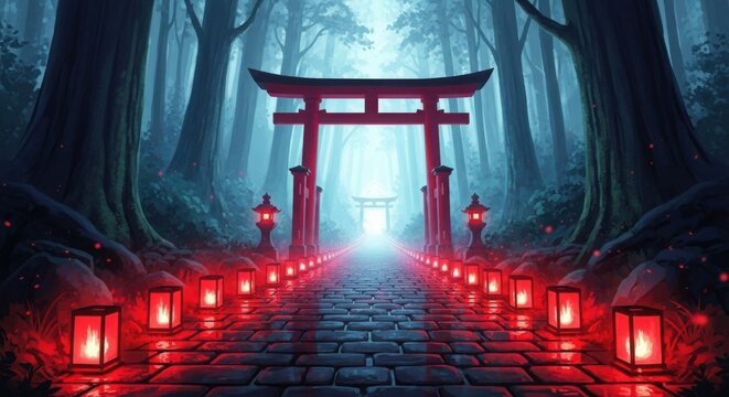 Ancient japanese torii gate with glowing red lanterns illuminating a mystic forest path. - Powered by Adobe