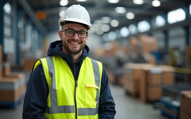 Smiling engineer wearing reflective clothing working in modern factory. High quality