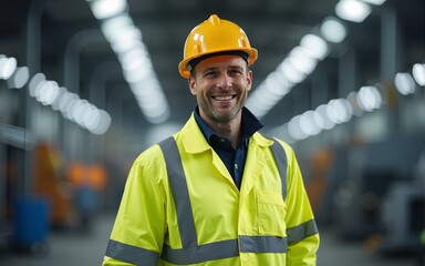 Smiling engineer wearing reflective clothing working in modern factory. High quality