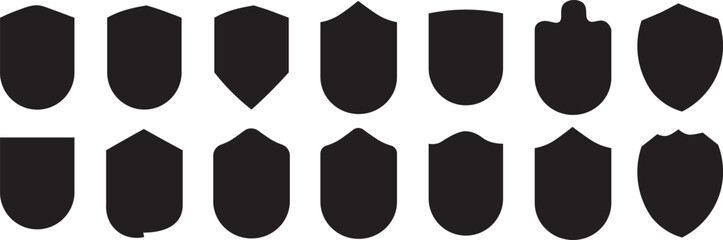 Editable stroke shield icon set, Knightly military shield insignia of different shapes, security symbols sign protection badges collection
