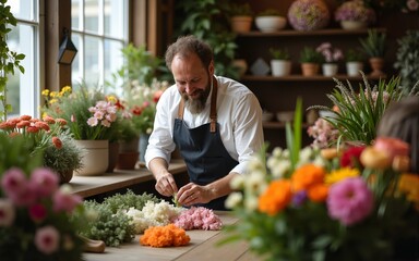 Florist working in his shop. High quality