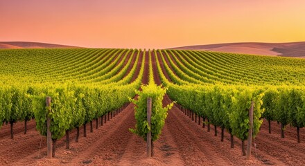 A scenic vineyard landscape under a beautiful sunset