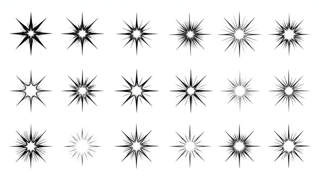 A collection of twenty-one starburst designs in black and white, varying in detail