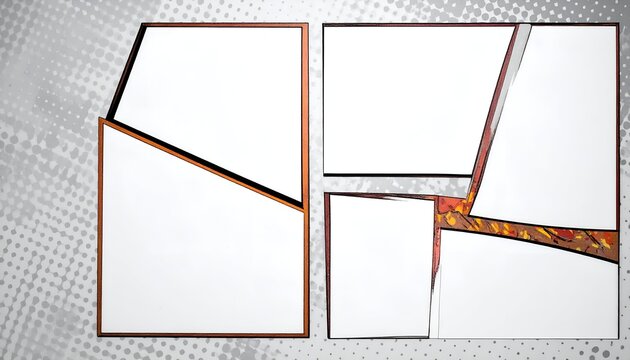 Graphic art with layered panels, white space, and textured background