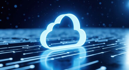 Cloud computing symbol glowing blue on digital background, representing global data network.