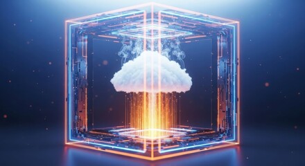 Cloud computing concept with data transfer inside glowing digital cube framework.